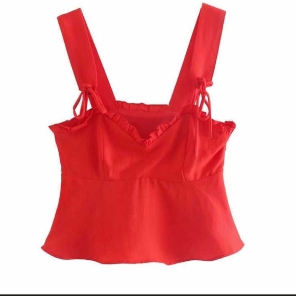 Zara Red Strappy Tied Cropped Linen Blend Top Size Medium - Picture 2 of 16